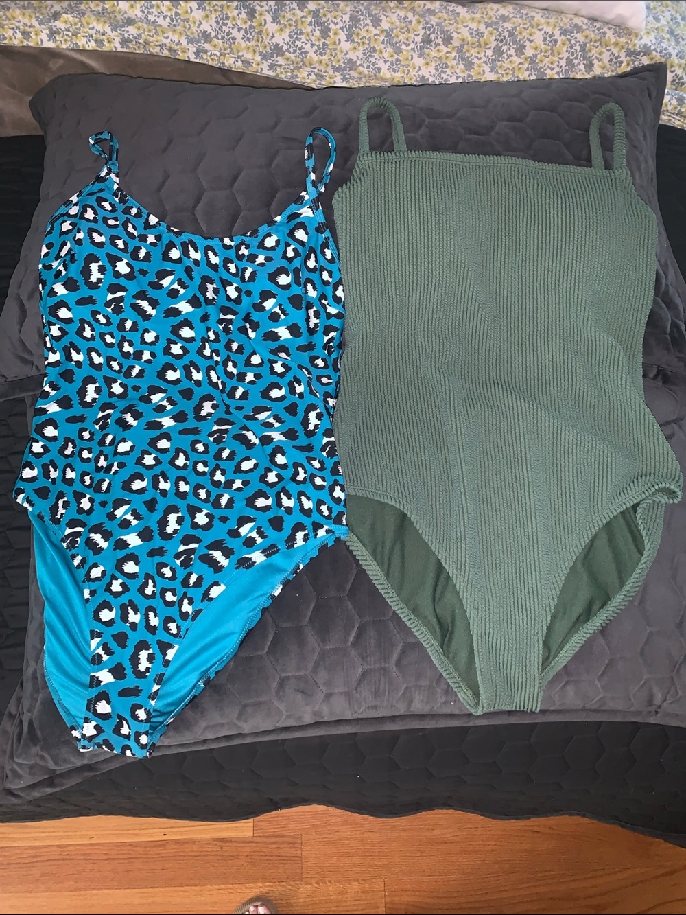 Set of Two One-Piece Swimsuits Kona Sol — Teal Leopard + Olive Rib